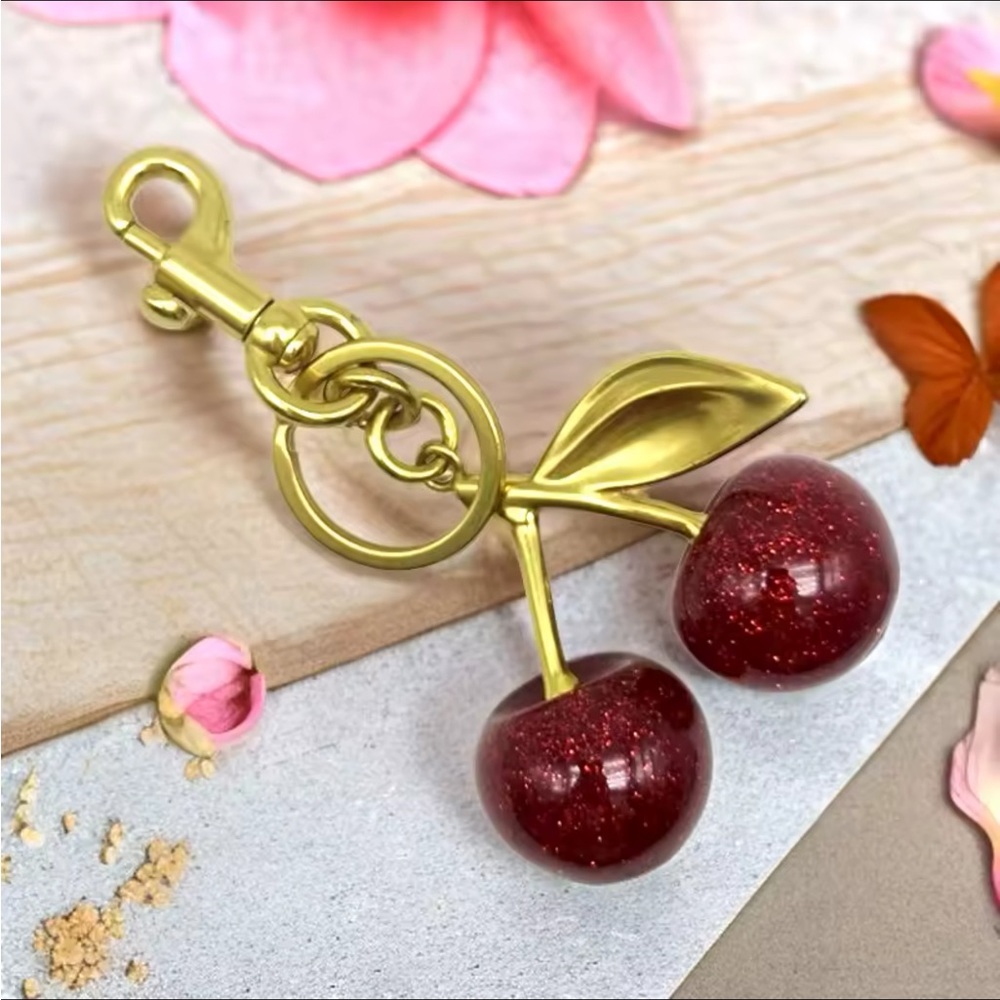 Gold and Red Cherry Keychain